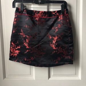 Black and red chinese print satin skirt
